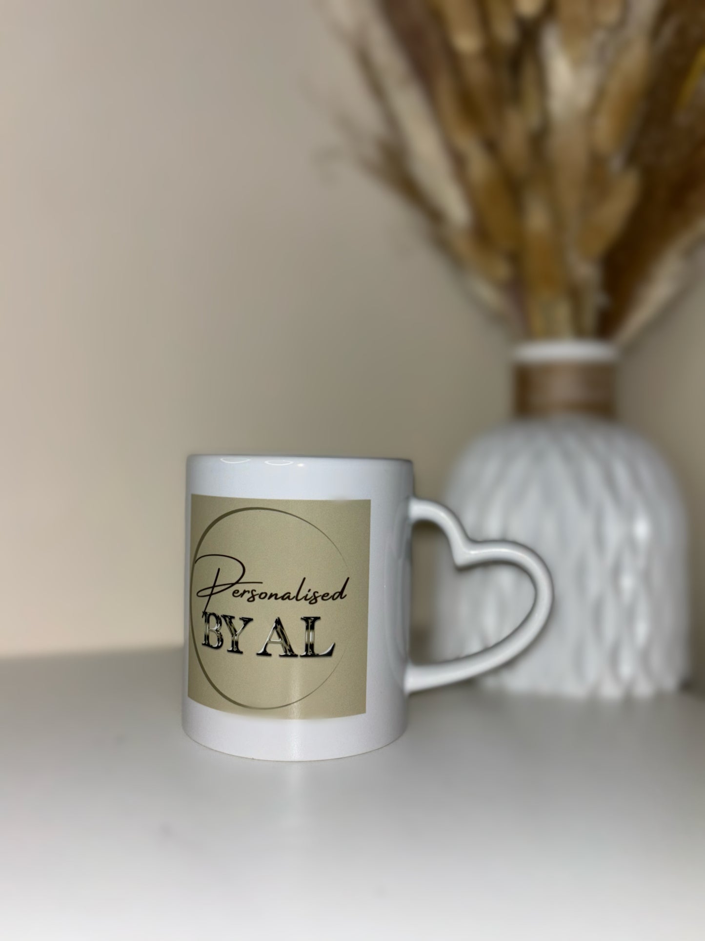 Personalised 11oz White Ceramic Mug with Heart Handle and Logo