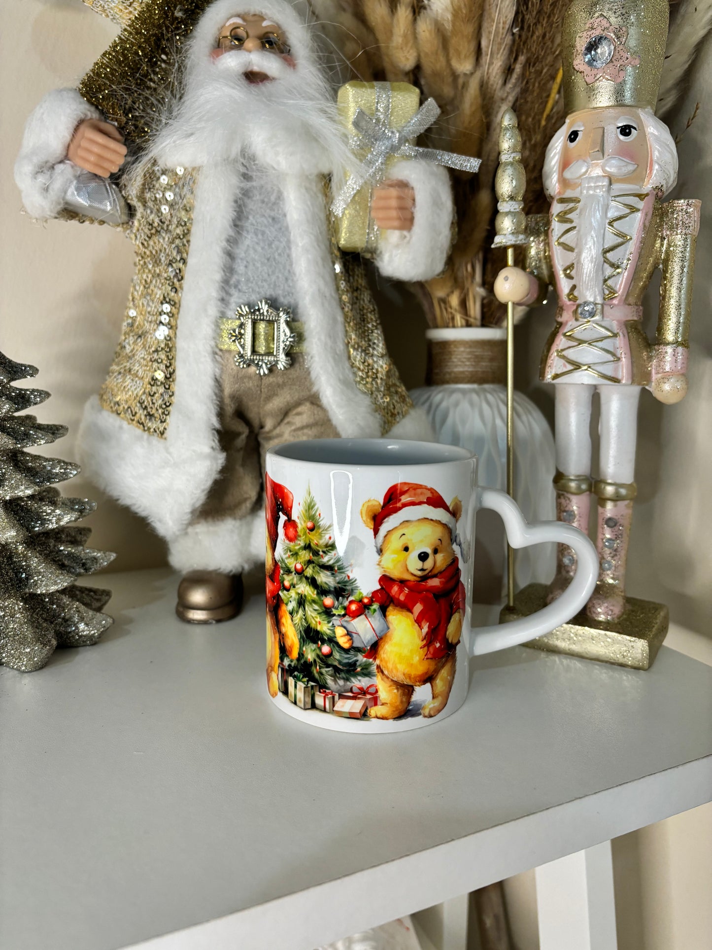 Christmas Pooh Bear Heart Handle Mug