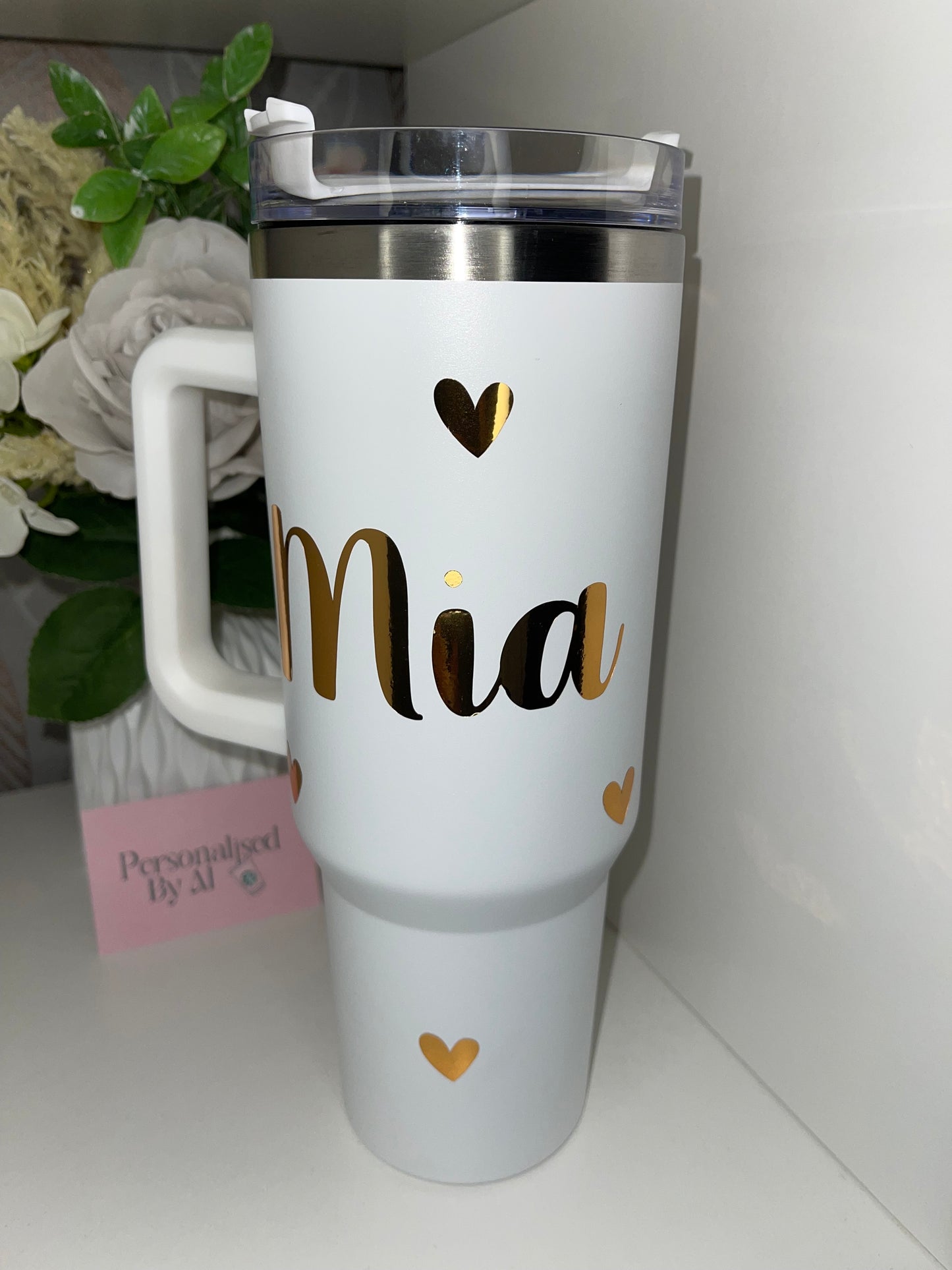 Personalised Gold Hearts White 40oz Tumbler