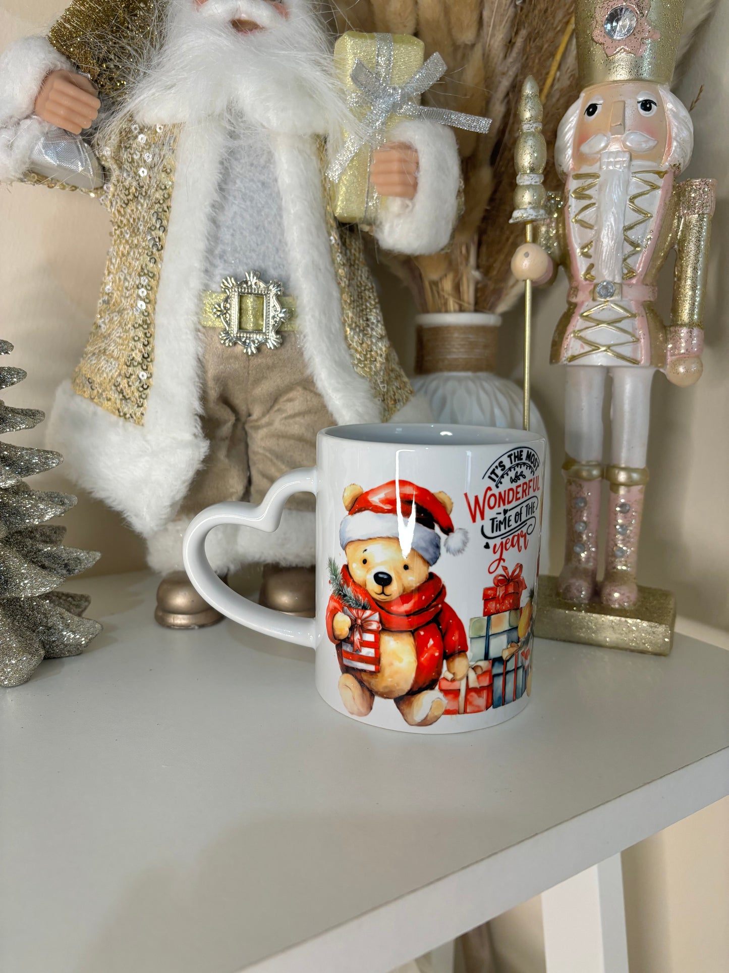 Christmas Pooh Bear Heart Handle Mug