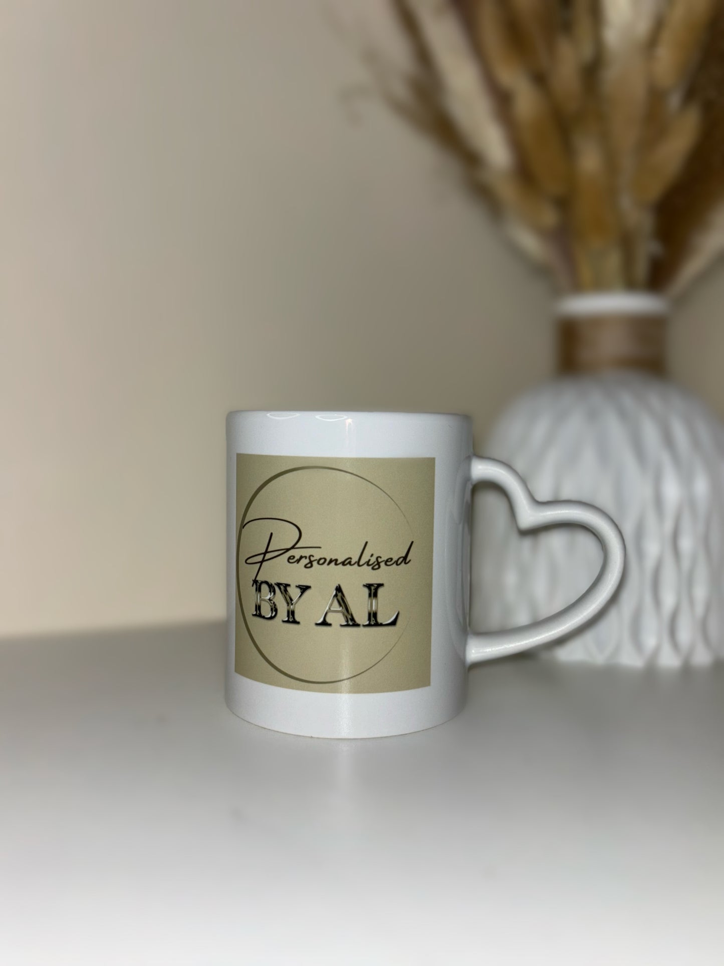 Personalised 11oz White Ceramic Mug with Heart Handle and Logo