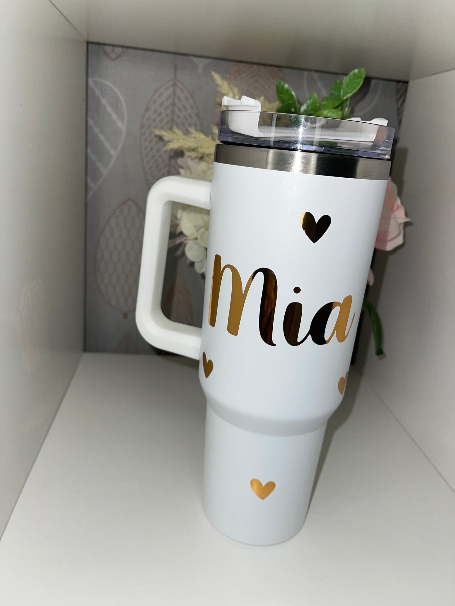 Personalised Gold Hearts White 40oz Tumbler