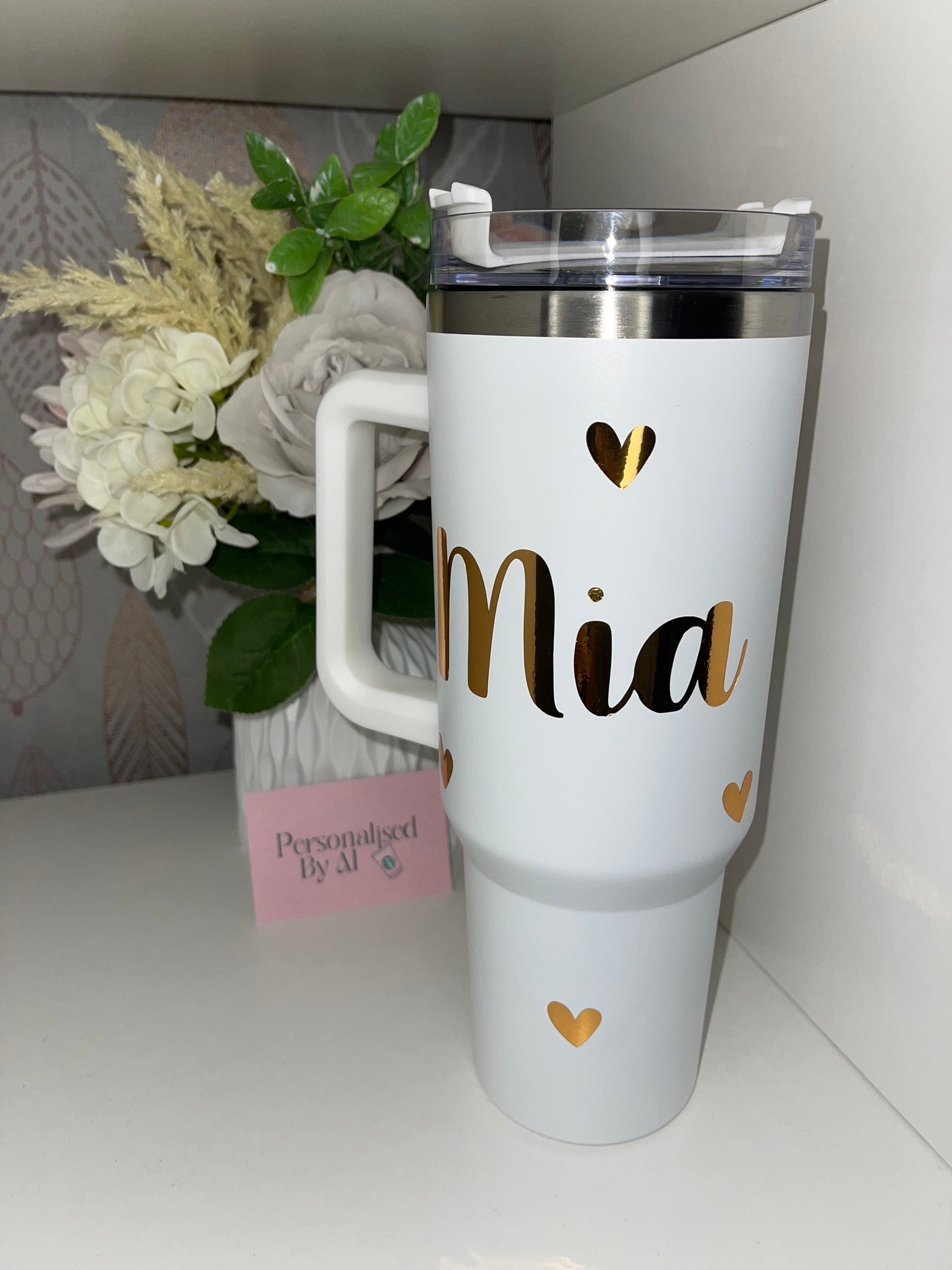 Personalised Gold Hearts White 40oz Tumbler