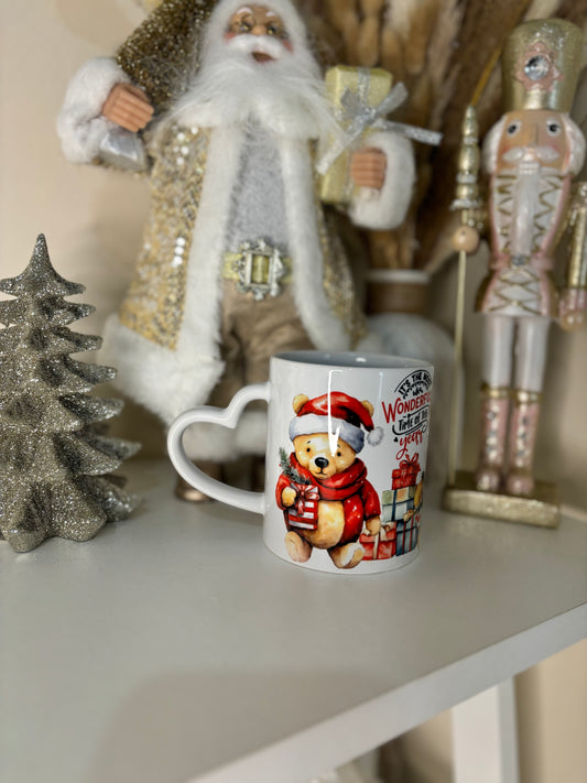 Christmas Pooh Bear Heart Handle Mug