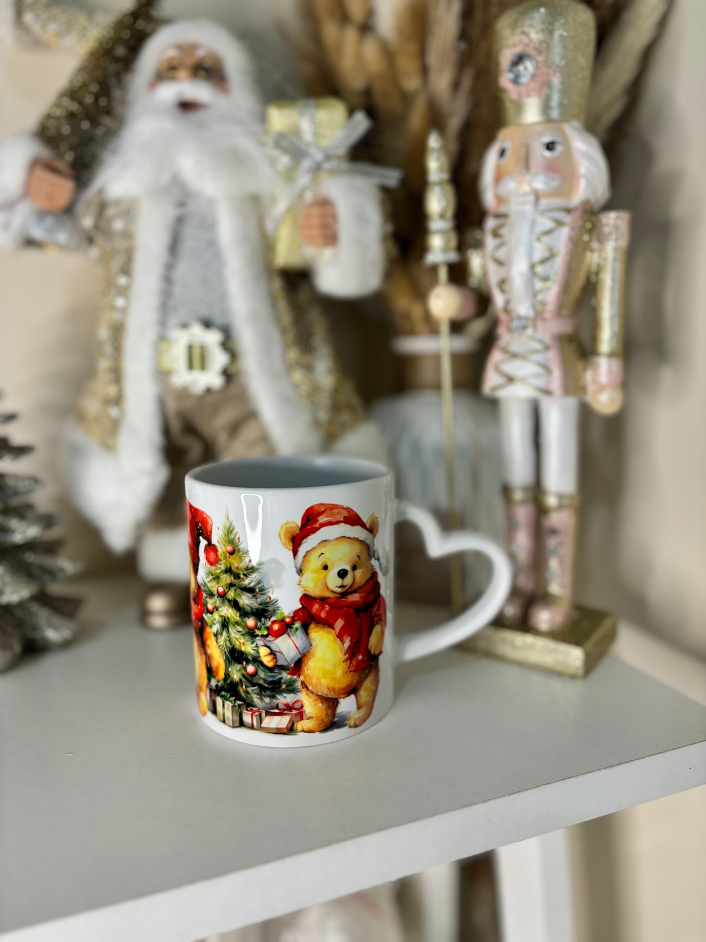 Christmas Pooh Bear Heart Handle Mug