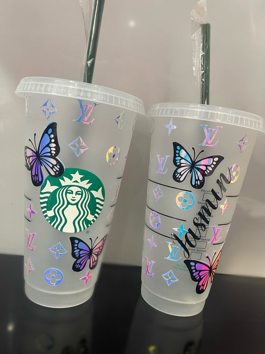 Personalised Holographic LV Butterfly Starbucks Cup